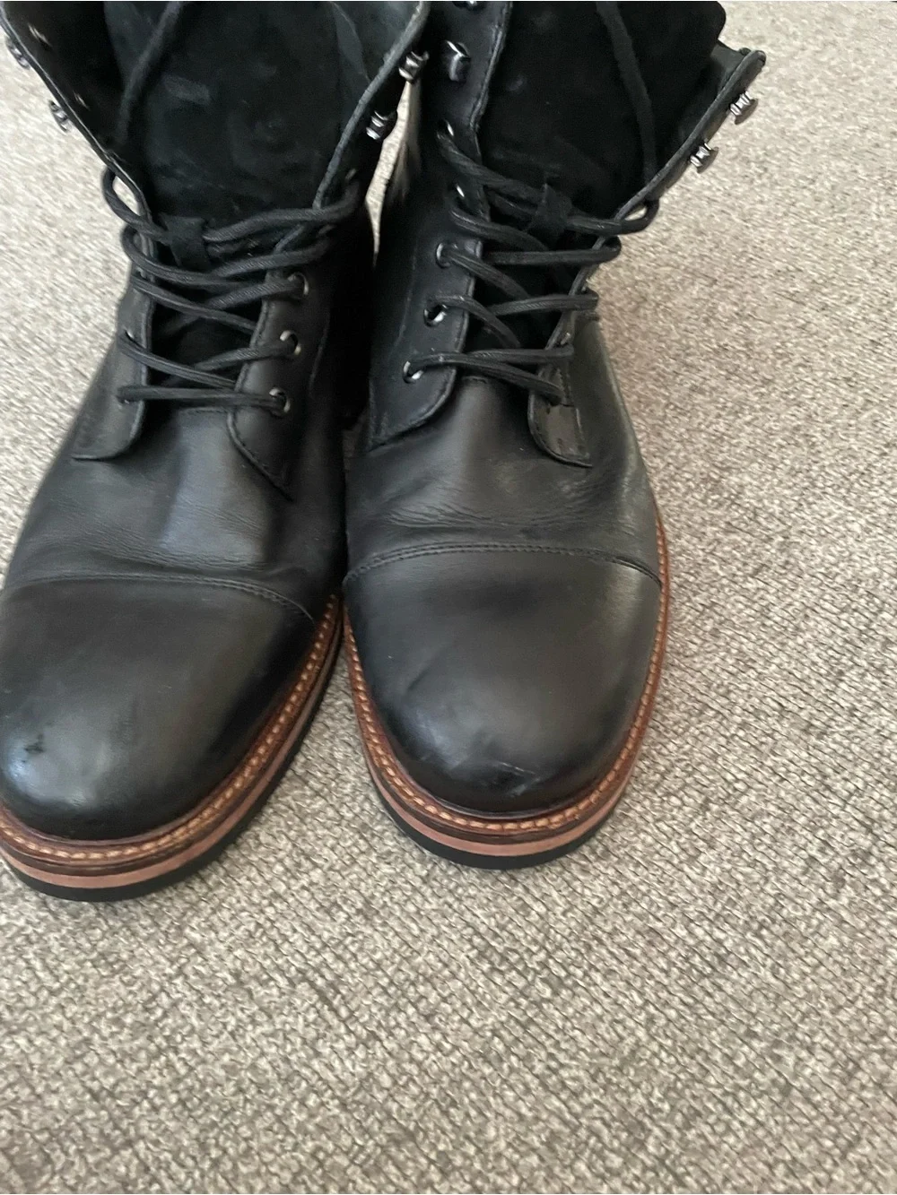 Express Black Leather Lace-Up Ankle Boots with Brown Stacked Sole